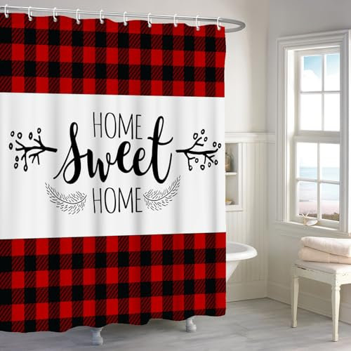 Renaiss 183 x 183 cm Home Sweet Home Duschvorhang schwarz rot kariert Büffel Plaid mit Blumenmuster Rustikal Plaid Bauernhaus Badezimmer Duschvorhänge Set Wasserdichtes Polyestergewebe mit Haken