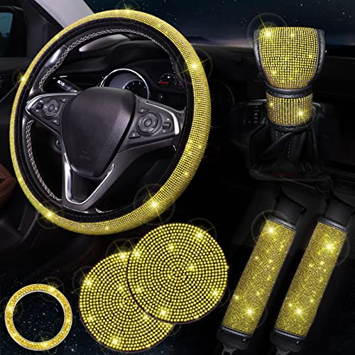 ToBeQueen Gelbes Lenkradbezug-Set, 38,1 cm, 7 Stück, Kristall-Strass-Diamant-Gelb-Bling-Autozubehör-Set, Sicherheitsgurt-Abdeckung, Bling Gear Shift Cover, Puch Start Ring, Auto Cup Coaster, Gelb