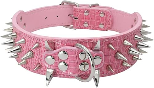 haoyueer Sharp Spiked Studded Dog Collar 2 Inch Width Stylish Leather Dog Collars for Medium & Large Dogs Pitbull,Labrador,Boxer Rottweiler German Shepherd … (M, Pink)