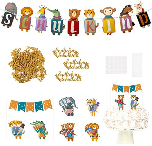 Oblique Unique® Schuleinführung Einschulung Schulanfang Deko Set für Jungs und Mädchen - Schulkind Girlande + Torten Topper + Schulkind Konfetti