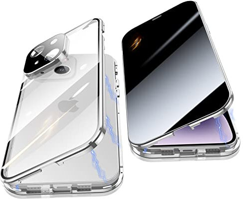 Jonwelsy Anti Peeping Case for iPhone 14 (6.1), 360 Degree Front and Back Privacy Tempered Glass Cover, Anti SPY Screen, Magnetic Adsorption Metal Bumper (Silver)