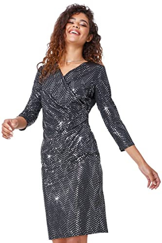 Roman Originals Sequin Spot Side Ruched Dress for Women UK - Ladies Autumn Everyday Winter Holiday V-Neckline Comfy 3/4 Sleeve Soft Frock Stretch Jersey Gowns - Silver - Size 20
