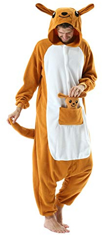 DELEY Känguru Pyjama Strampler Tierkostüm Erwachsene Kostüme Damen Einteiliger Herren Overall Halloween Karneval Overall Kapuzenpyjama