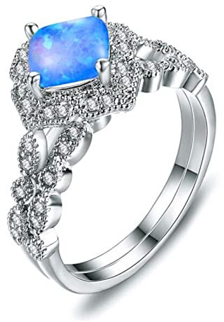 BIOLIVING Weibliche Weiß Blau Opal Ring Set Kristall Silber Farbe Eheringe Für Frauen Trendy Braut Versprechen Quadratischen Verlobungsring