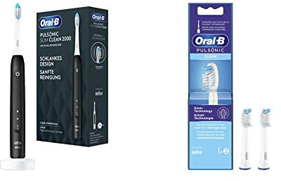 Oral-B Pulsonic Slim Clean 2000 Elektrische Schallzahnbürste/Electric Toothbrush, schwarz & Pulsonic Clean Aufsteckbürsten für Schallzahnbürsten, Zahnbürstenaufsatz für Oral-B Schallzahnbürste 2 Stück