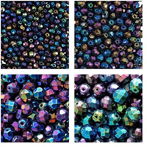 Set 275 Stück Tschechische Fire-Polished Glasperlen Rund 3mm, 4mm, 6mm, 8mm, Jet Iris Regenbogen