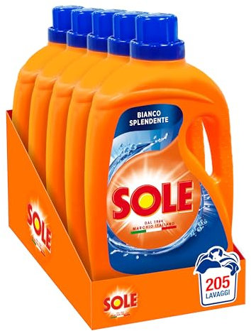 Sole Detersivo Lavatrice Bianco splendente 205 Lavaggi, (5x41), Formula igienizzante, Detersivo Lavatrice Liquido Bianco Splendente, rimuove le macchie a basse temperature