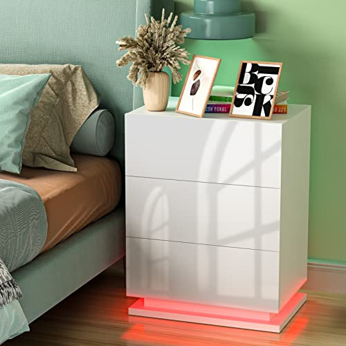 PIPIPOXER Nachttisch mit LED, Nachttisch Weiß,Nachtschrank mit 3 Schubladen und 16 Farben Beleuchtung für Wohnzimmer, Schlafzimmer, Weiß 50x35x68cm