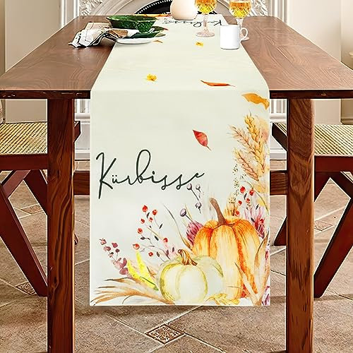 AUAUY Pflanzen Blumen Tischläufer, Outdoor Tischläufer Deko, Moderne Tischläufer, Tischläufer Abwaschbar, Tischläufer für Küche Tisch Dekoration Drinnen Partys Esszimmer-Dekorationen (Kürbis 40x140cm)