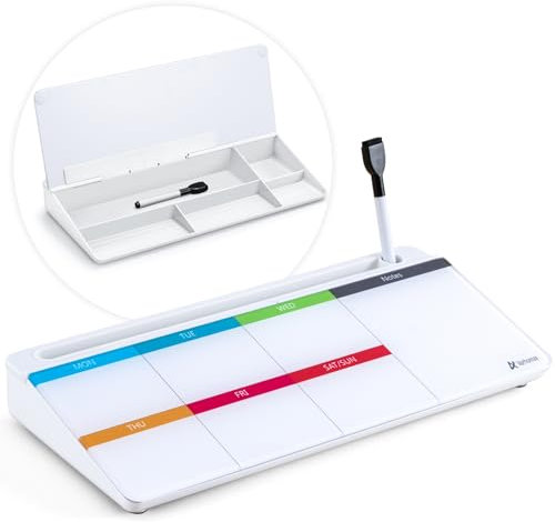 Varhomax Tableau blanc hebdomadaire en verre effaçable à sec, planificateur de liste de choses à faire, calendrier avec caddie de rangement pour la maison et le bureau, coloré