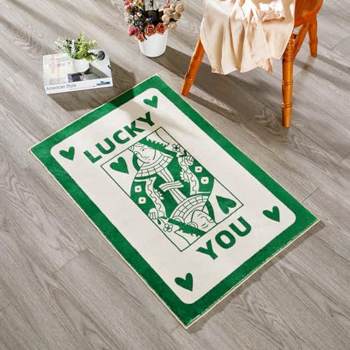RoomTalks Niedlicher Retro-Teppich für Schlafzimmer, Badezimmer, Küche, ästhetisch, flippig, Wohnheim, College, Akzent, Bodenteppich in Grün, modern, abstrakt, Vintage-Spielkarte, trendig, lustig,