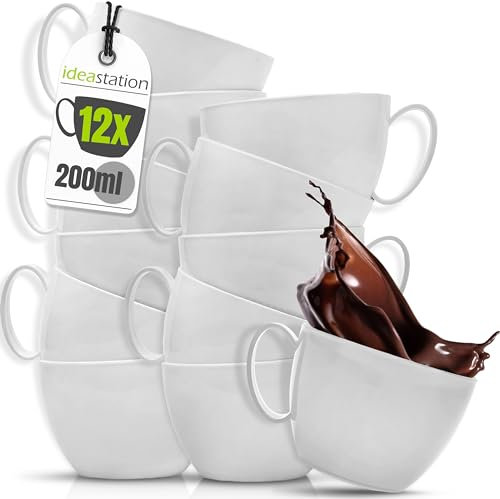 idea-station Kunststoff Tassen Set 12 teilig - 200 ml - grau - Kaffeebecher Plastik für Kinder und Senioren - bruchsichere Kaffeetassen klein mit Henkel