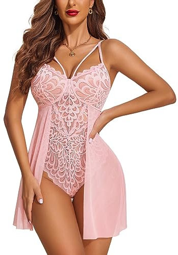 Avidlove Body Donna Sexy Babydoll Pizzo Lingerie Scollo a V Bodysuit Camicia da Notte Abito in Tulle Con Chiusura sul Cavallo Rosa XXL