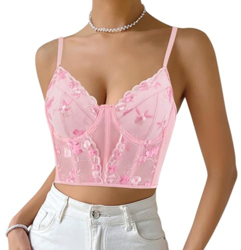 Naimo Corset en satin soyeux pour femme - Soutien-gorge push-up - Bretelles spaghetti - Sans manches - Camisole, rose clair, XS