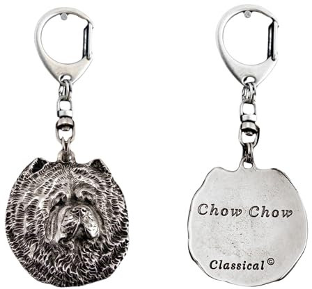 Art-Dog Niedlicher Hundeschlüsselanhänger - Exklusive Kollektion Chow Chow Schlüsselanhänger Hund - Versilberte Keyring mit 2,5 cm Schloss - 4,7x4,2x9cm