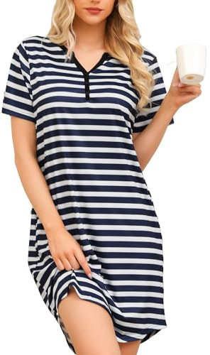 Lovasy Chemise de Nuit Femme Coton Robe de Nuit Manches Courtes Vêtements de Nuit Rayé Boutonnée Devant Nuisette Sexy Grande Taille A Bleu Marine et Blanc XL