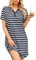 Lovasy Chemise de Nuit Femme Coton Robe de Nuit Manches Courtes Vêtements de Nuit Rayé Boutonnée Devant Nuisette Sexy Grande Taille A Bleu Marine et Blanc XL