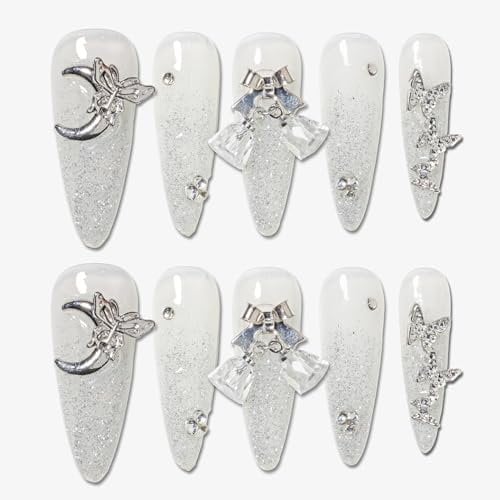 Sun&Beam Nails Handmade Press-on Long Pointed Nails Silver Black Butterfly Attached False Nail Tips Design Fashionable 10 Pcs Set (#156 XS)