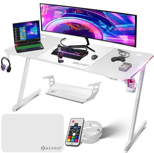 KESSER® Gaming Tisch LED 160cm x 60cm | Z-Form Gamer Schreibtisch | Kopfhörerhaken & Kohlebeschichtung | Ergonomischer PC Computertisch | Stabiler Tisch mit Getränkehalter Weiß