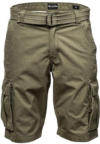 Amaci&Sons Herren Cargoshorts Männer Kurze Bermuda Hose inkl.Gürtel Regular Fit Gurt7027 Olive W38