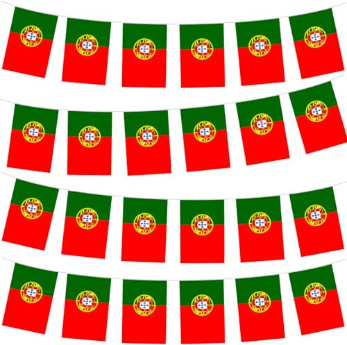 10m Flaggenkette Girlande mit 30 Portugal Flagge,Oly Flagge Portugal Fahnenkette Wimpelkette für EM Deko,Portugal Fanartikel Portugiesische Fahne für Oly Deko 2024,Euro Fußball Party