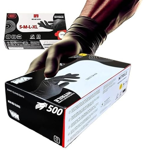 RFD 500 Guanti in Nitrile Neri Monouso S/M/L/XL Taglie - Resistenti, Professionali e Ipoallergenici - Perfetti per Uso Medico, Laboratorio, alimenti (S)
