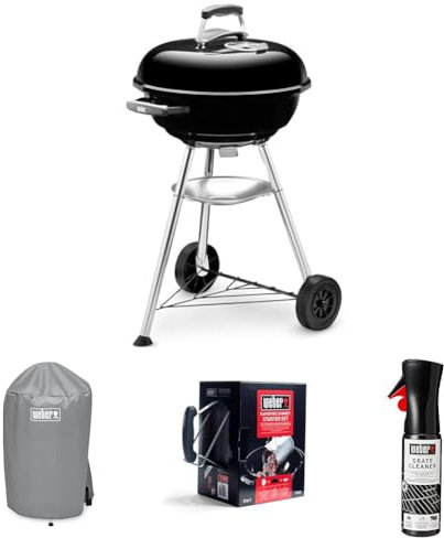 Weber Compact Kettle Barbacoa de Carbón, Ø 47cm, Negro, 1221004 + Funda para Barbacoa de Carbon, 7175 + Set Chimenea con Briquetas Encendido Blancas, 17631 + Producto de Limpieza para Parrilla y Horno