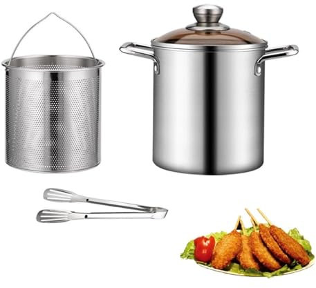 Sonhomay Olla freidora, olla pequeña de acero inoxidable, sartén con cesta coladora y tapa de vidrio, freidora japonesa de tempura para patatas fritas y pollo