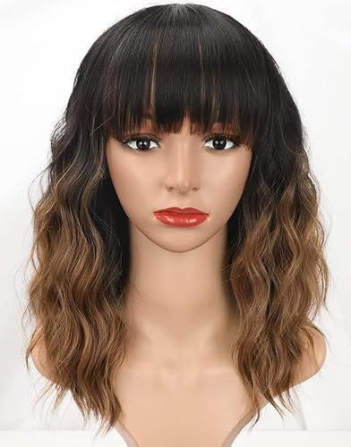 Topcosplay Perücke Damen Gemischt Braun Kurz Bob Perücke Schwarz Locken Frauen Natürlich Perücke Für Kostümparty (Schwarz gemischt Braun)