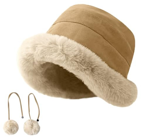 crazy bean Fischerhut Damen Fell Winter Glockenhut Damen mit Gefütterte mit Bommel Kinnriemen Warm Damenmützen Fluffy Elegant Kunstpelz Cloche Khaki