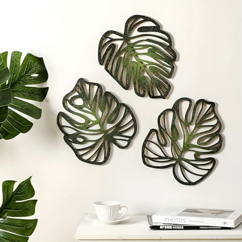 Palm Leaves Wood Wall Decor, 3Pcs Tropical Wall Art Jungle Decor, Wooden Natural Leaves Plant Wall Decor, Vintage Tropical Plant Plaque for Home Living Room Kitchen Bedroom Bathroom & Garden, Green