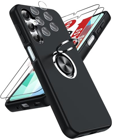 LeYi for Samsung Galaxy A16 4G/5G Phone Case with 2 Tempered Glass Screen Protector, 2 Camera Lens Protector and Invisible Phone Ring Holder, Shockproof Protective Cover for Samsung A 16 - Black