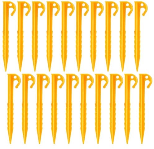 20 Pcs Plastic Tent Pegs Heavy Duty Canopy Stakes 14.5cm Plastic Tent Nails with Spike Hook Camping Pegs High Strength Hold Stakes for Lawn Tarps Sand Beach Woods Fixing Tent Rain Tarps, Yellow