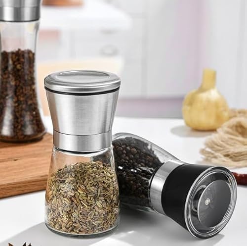 ASelected Salt and Pepper Grinder Set, Manual Mill Salt and Pepper Grinders, Ceramic Glass Body and Stainless Steel Grinder with Adjustable Coarseness (180ml)