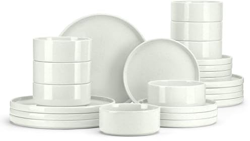 E-far Service de table 24 pièces en grès pour 8 personnes, résistant aux éclats et aux rayures, passe au micro-ondes et au lave-vaisselle, blanc moucheté