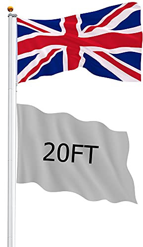 Sectional Flag Pole Kit with UK Flag,Extra Thick Adjustable Aluminum Outdoor Flagpole with 2 Flag,2 Rope and Golden Ball Heavy Duty Outdoor In Grand Flag Pole for Residential,Garden,Yard (20FT)