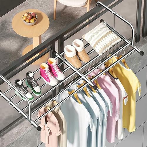 Tendedero Extensible para balcón, tendedero de Pared, Plegable, de Acero Inoxidable, para Ventanas de Seguridad y barandillas (Plateado, 78 x 140 cm)