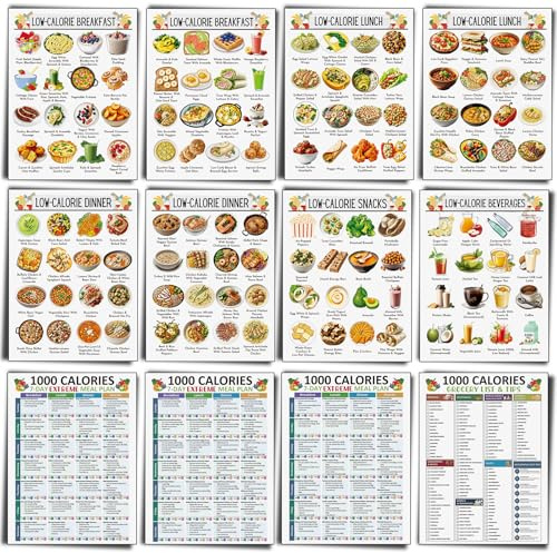 Sinload 12 Pcs Low Calorie Meal Plan Poster Low Calorie Diet Chart Laminate Weight Loss Grocery List for Kitchen Classroom Fridge