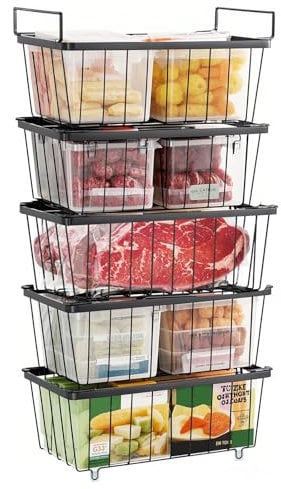 Savieva 5 pack Stackable Chest Freezer Baskets,Fold-down Handles for 198L Freezer & Pantry,Suitable for all kinds of frozen food storage and kitchen storage & organisation (5)