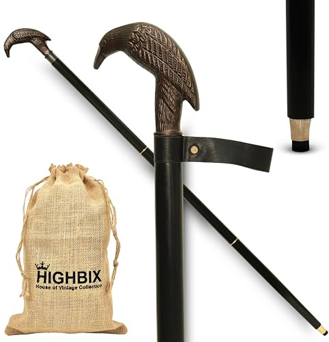 Vintage Wooden Walking Cane with Old Style Antique Brass Head Handle Foldable Style Walking Stick for Seniors & Adults Handmade Cane with Gift Bag (Black Raven)