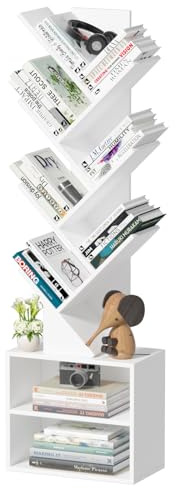 SHEEPAM Bücherregal mit 10 Etagen, bodenstehendes Holz, hohes Bücherregal für schmale Räume, Aufbewahrungs-Organizer für Bücher, Bücherregal für CDs/Filme/Bücher, Heimbüro, Wohnzimmer, Schlafzimmer
