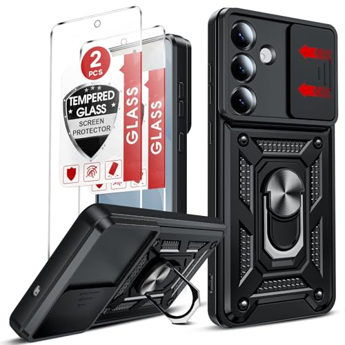 LeYi for Samsung Galaxy S25 FE Phone Case with Camera Cover Slider with 2 Tempered Glass Screen Protectors, Ring Stand Holder, Military Protective Armour Rugged Phone Cover for S25FE Case, Black