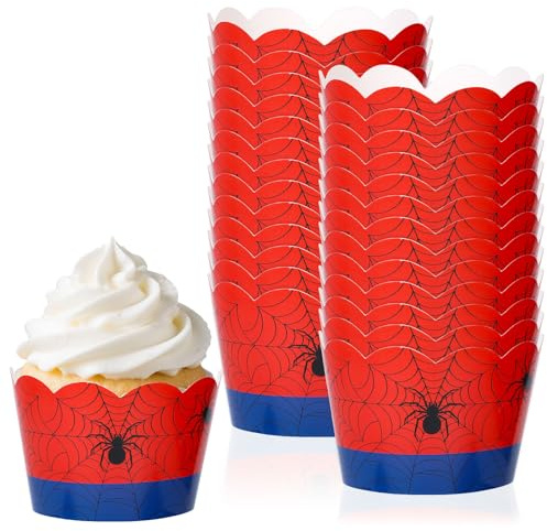 36pcs Spider Cupcake Wrappers, Spider Web Theme Cupcake Liners Paper Cups for Baking Muffin Cakes Ice Cream Dessert Decor Birthday Wedding Supplies (Red, Blue)