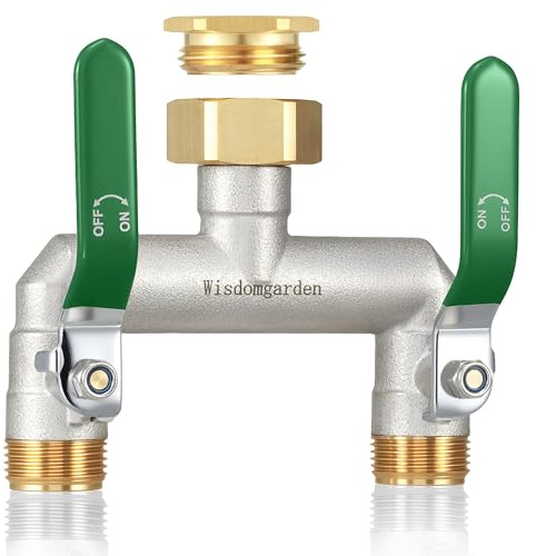 1 pollice Distributore d'acqua 2 vie, distributore da giardino ad alta portata a 2 vie, distributore per rubinetto in ottone nichelato, con manico di prolunga verde, con adattatore da 3/4 di pollice