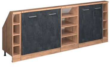 Vicco Küchenschrank für Dachschrägen R-Line, Schwarz Beton, 210 cm | 5 Module · Tiefe 46 cm · Höhenverstellbare Füße · 4 Türen · ✓ Frei kombinierbar