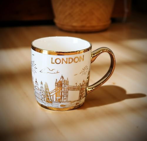 Gold Accented London Cityscape Mug – White and Gold Ceramic Coffee Cup Featuring Iconic Landmarks | Souvenir Gift for Travelers