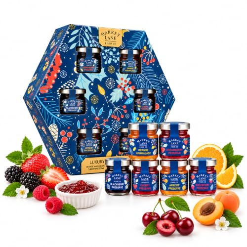 Pack of 6 Market Lane Luxury Jams and Preserves Selection Gift Set - Apricot, Strawberry, Cherry, Raspberry, Orange, Blackberry in Glass Jars 32g. Great for Christmas Hampers
