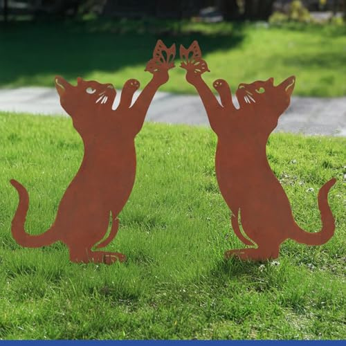 Maximex Gartenstecker Katze und Schmetterling, 2er Set, wetterfeste Gartendeko, Metall mit Edelrost-Patina, für Garten, Terrasse und Balkon, 29,5 x 53 cm