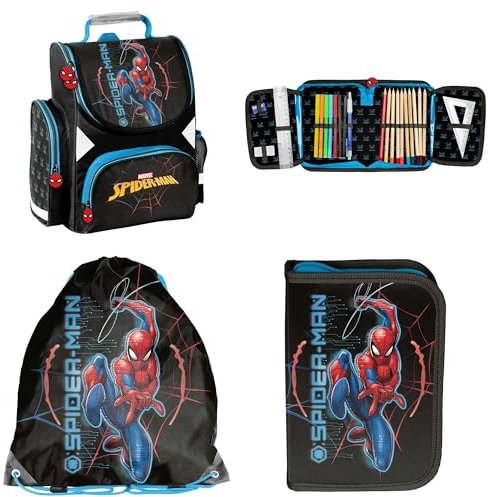 Maximustrade Spiderman Schulranzen Jungen 1 Klasse Tornister Schulrucksack Schultasche SET 3 teilig für Grundschule super leicht unter 1 Kilo ! ink Federmäppchen Sportbeutel