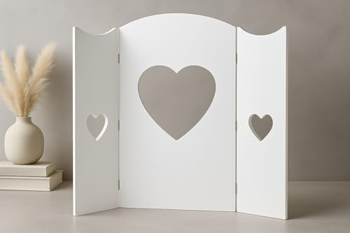 Markenlos Fensterdeko Heart Wandschirm - Fensterdeko aus Holz, Fensterladen Aufsteller, Shabby Chic Dekoration, 60x58.5 cm, Klappbar - Erhältlich in Grau, Natur, Weiß - Rustikal, Vintage, Innenraum